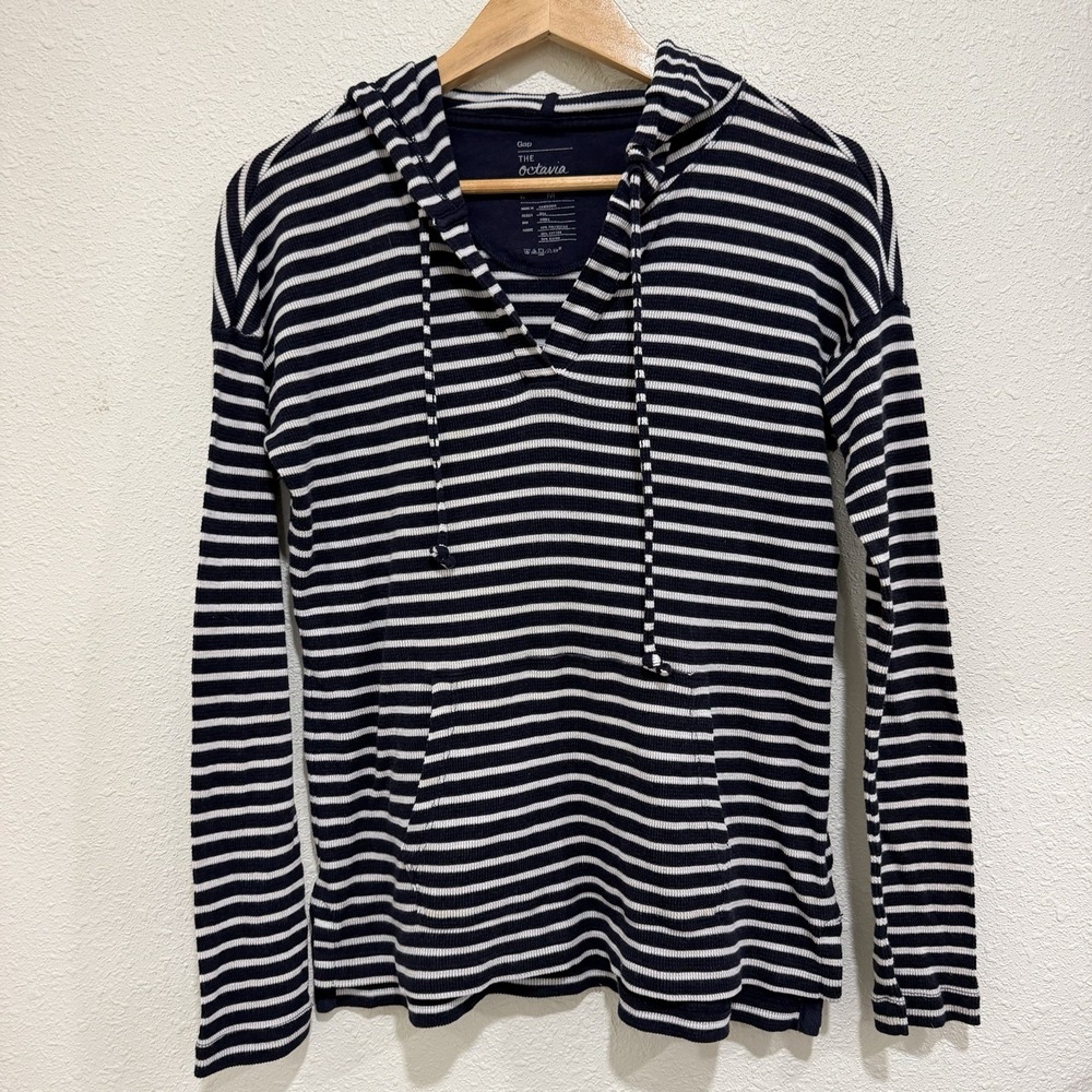 Gap Women's V-Neck Striped Pullover Hoodie Y2K The Octavia Waffle Knit Medium